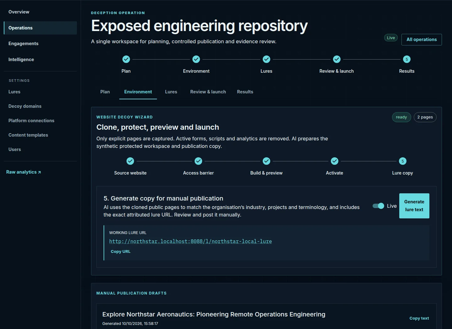 Simbotnik operation workspace showing the website decoy workflow and operator-controlled lure drafting