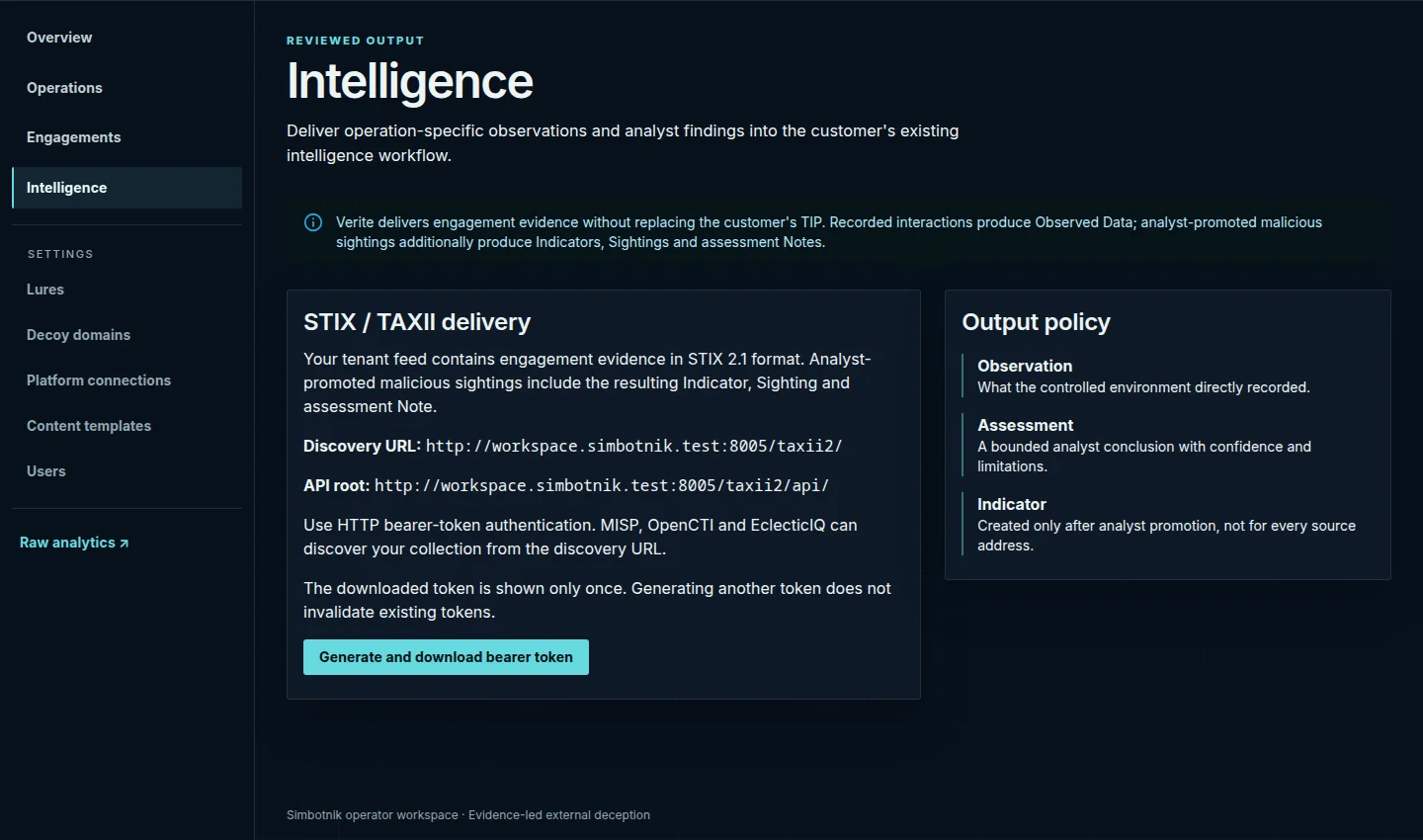 Simbotnik intelligence view showing STIX 2.1 and TAXII 2.1 delivery and the output policy